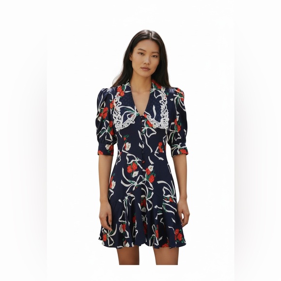 BURRYCO Dresses & Skirts - BURRYCO Floral Print Mini Puff Sleeve Lace Collar Flowy Dress Size 4